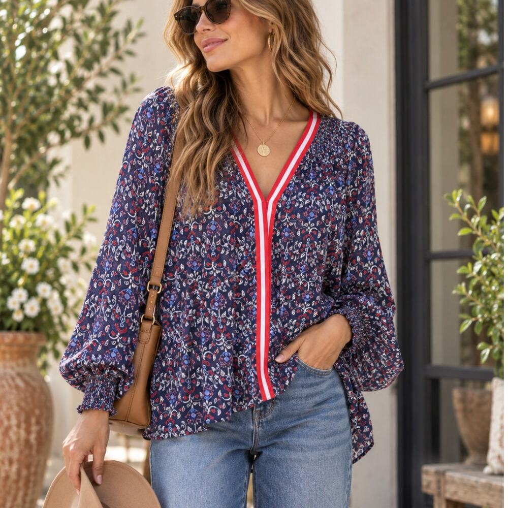 Rungolee Silk Blouse L Navy Floral Smocked Puff Sleeve V Neck Boho Designer